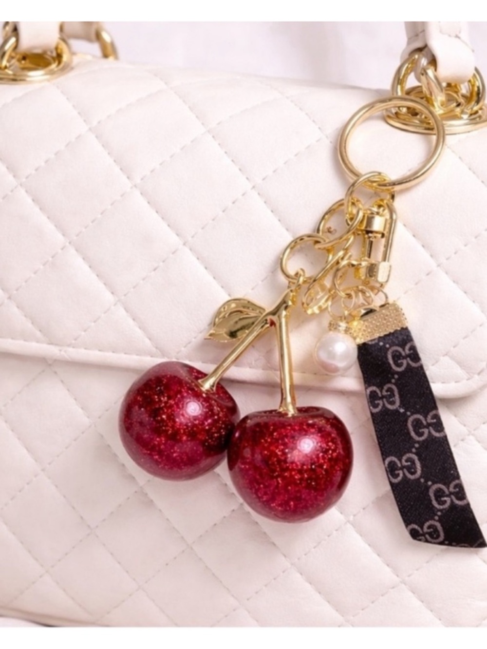 Jumbo Cherry Charm Keychain with Fashion Ribbon - Picture 2 of 2